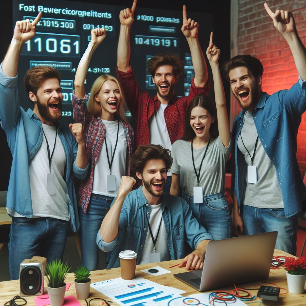 A hackathon team celebrating getting their badge score approved (image generated by Microsoft Designer)