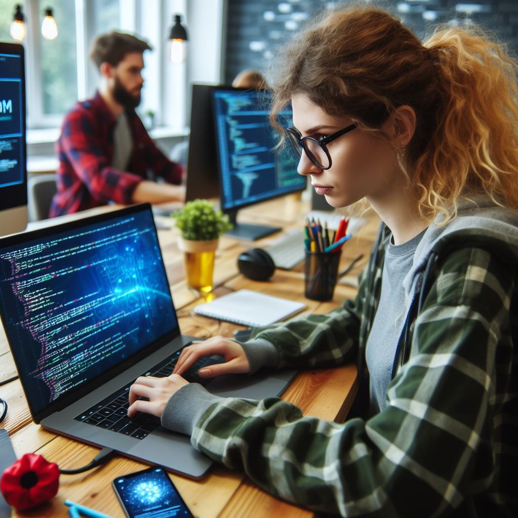 A developer sitting at a desk with a laptop and writing solid code (image generated by Microsoft Designer)