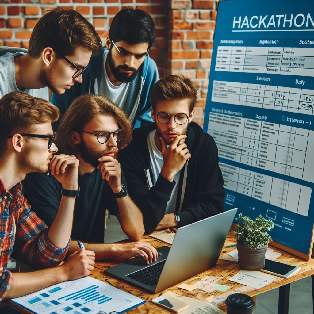 A hackathon team discussing the schedule for the event (image generated by Microsoft Designer)