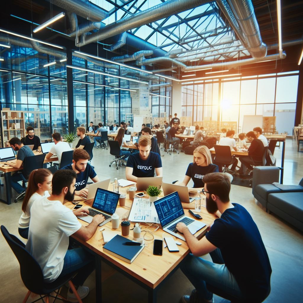 Hackathon teams sitting at tables with laptops (image generated by Microsoft Designer)